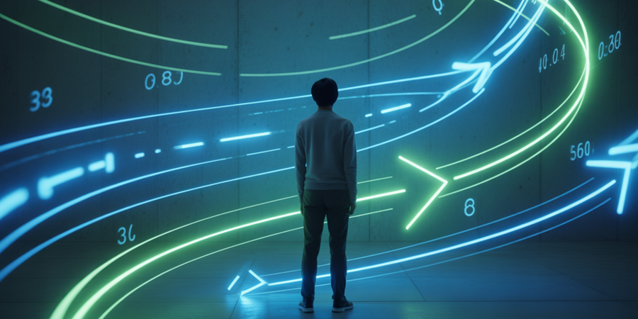 Visualização conceitual de um algoritmo determinando quais vídeos são exibidos — com base em interesse, engajamento e retenção, não em qualidade ou intenção